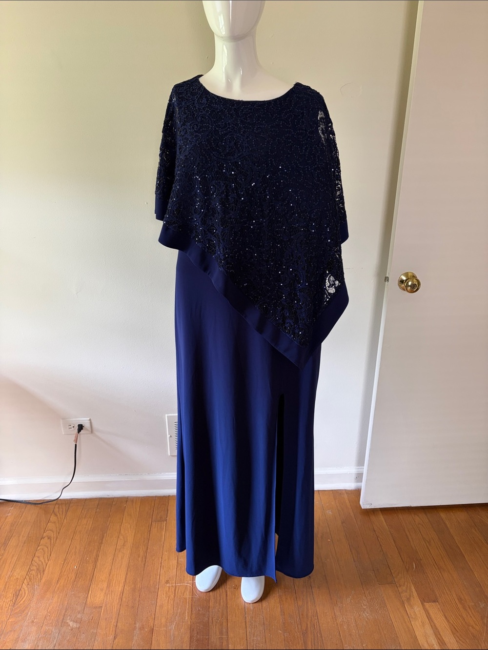 R & M Richards Navy Beaded Lace Poncho Maxi Gown
